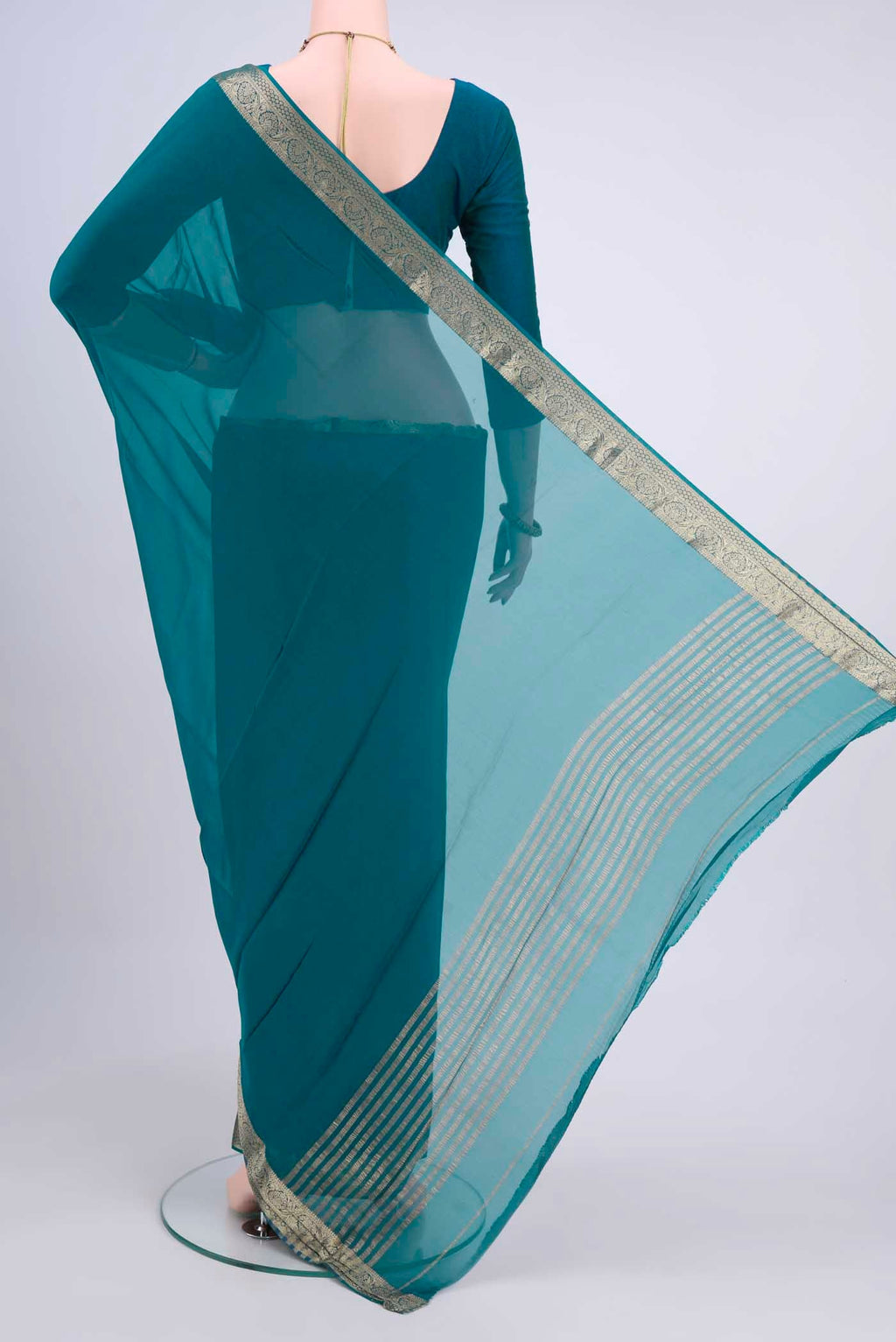 Flat view of Blue Dual Tone Mysore Chiffon Saree with Plain Body and Zari Border