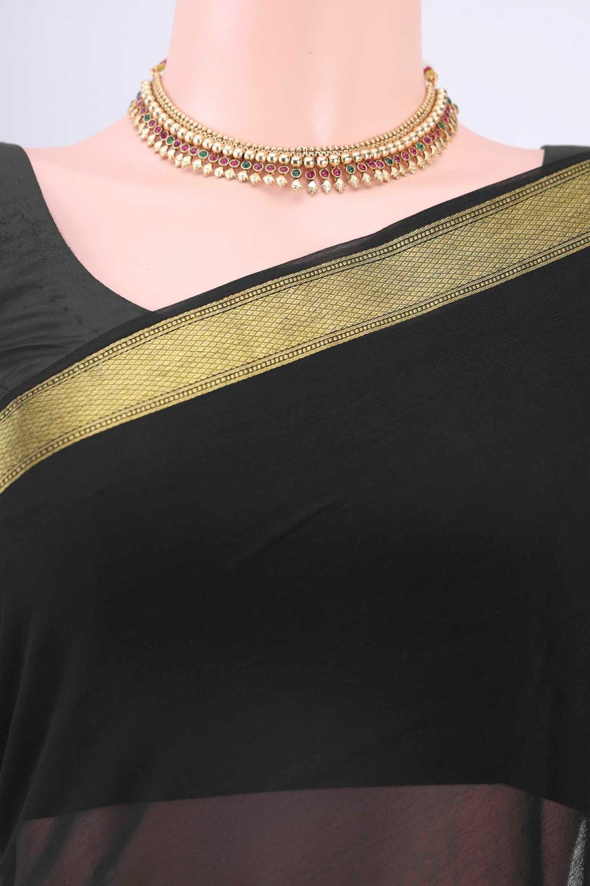 Border image of Black Mysore Georgette Saree with Plain Body and Zari Border
