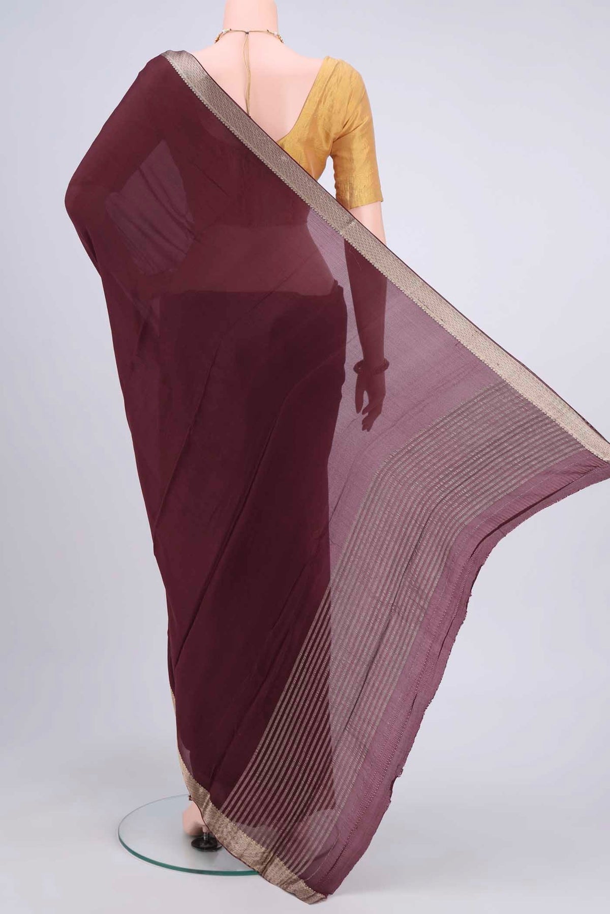 Flat view of Burgundy Mysore Chiffon Saree with Plain Body and Zari Border