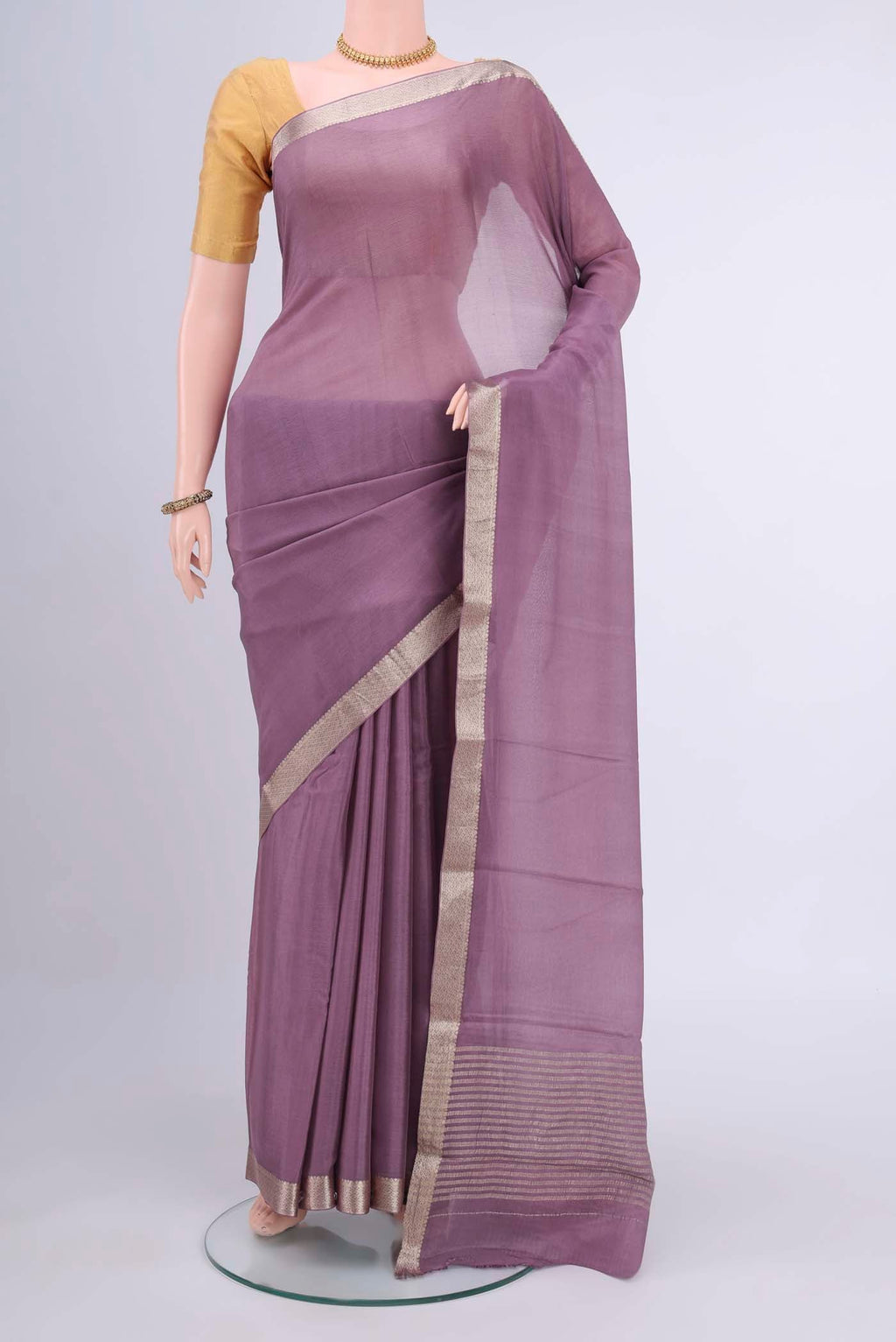 Dark Mauve Dual Tone Mysore Chiffon Saree with Plain Body and Zari Border displayed on a mannequin