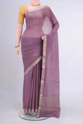 Dark Mauve Dual Tone Mysore Chiffon Saree with Plain Body and Zari Border displayed on a mannequin