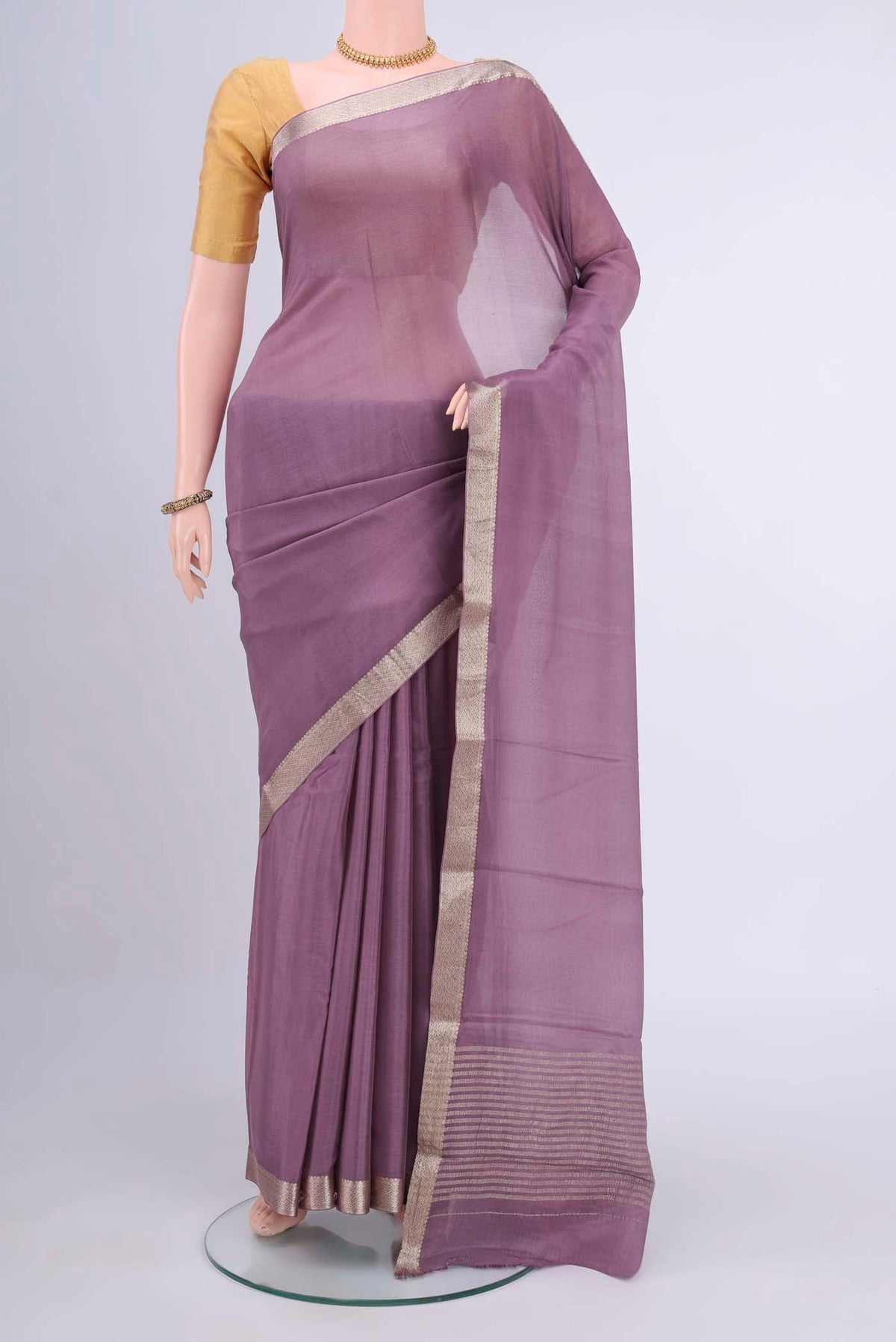 Dark Mauve Dual Tone Mysore Chiffon Saree with Plain Body and Zari Border displayed on a mannequin