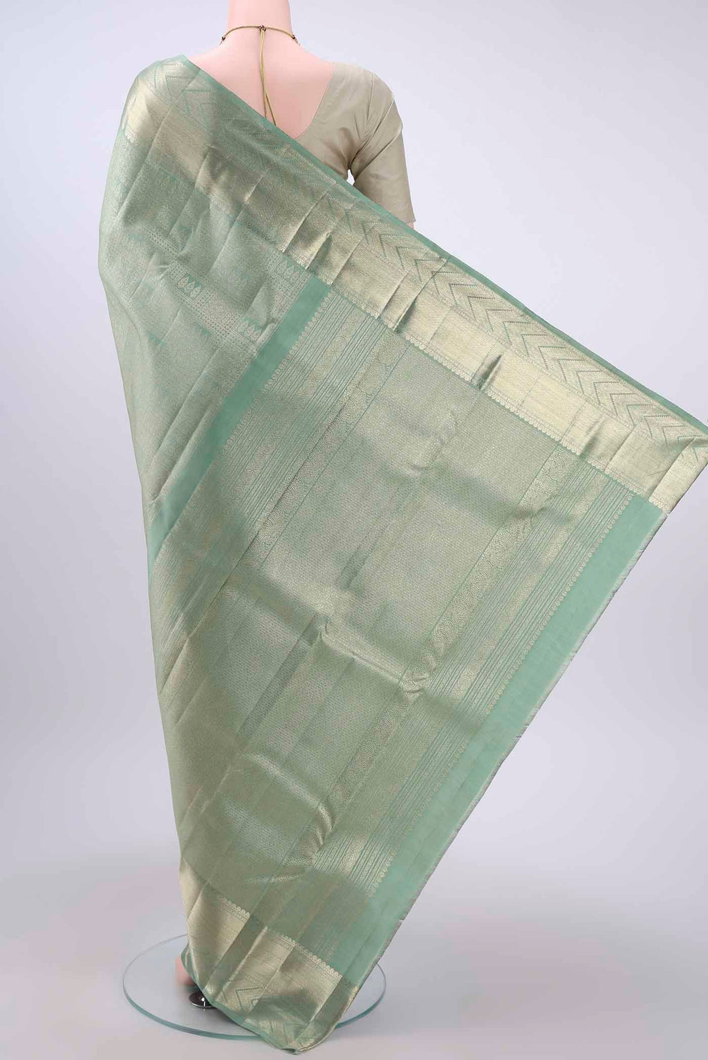 Flat view of Grey Kanchipuram Silk Saree with Zari Brocade on the body and Zari Border