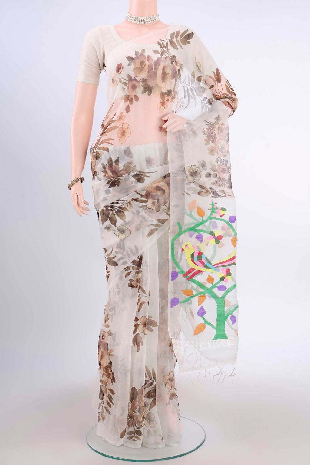 White Organza Silk Saree with Floral Print on the body and Without Border displayed on a mannequin