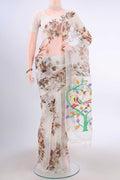 White Organza Silk Saree with Floral Print on the body and Without Border displayed on a mannequin