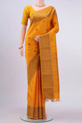 Pure Silk Pure Zari Mustard Kanchipuram Saree with Thread Butta on the body and Thread Border displayed on a mannequin
