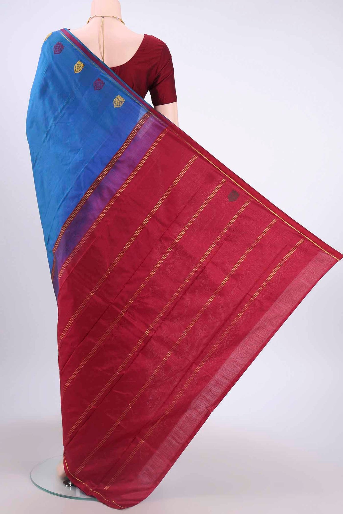 Flat view of Peacock Blue Dual Tone Kanchipuram Silk Saree with Plain Body and Zari And Thread Border