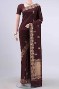Brown Dual Tone Banarasi Katan Silk Saree with Zari Butta on the body and Plain Border displayed on a mannequin