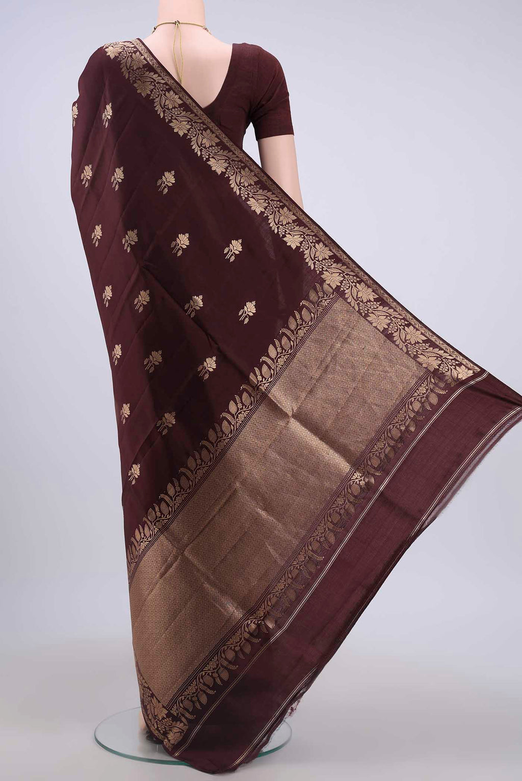 Flat view of Brown Dual Tone Banarasi Katan Silk Saree with Zari Butta on the body and Plain Border