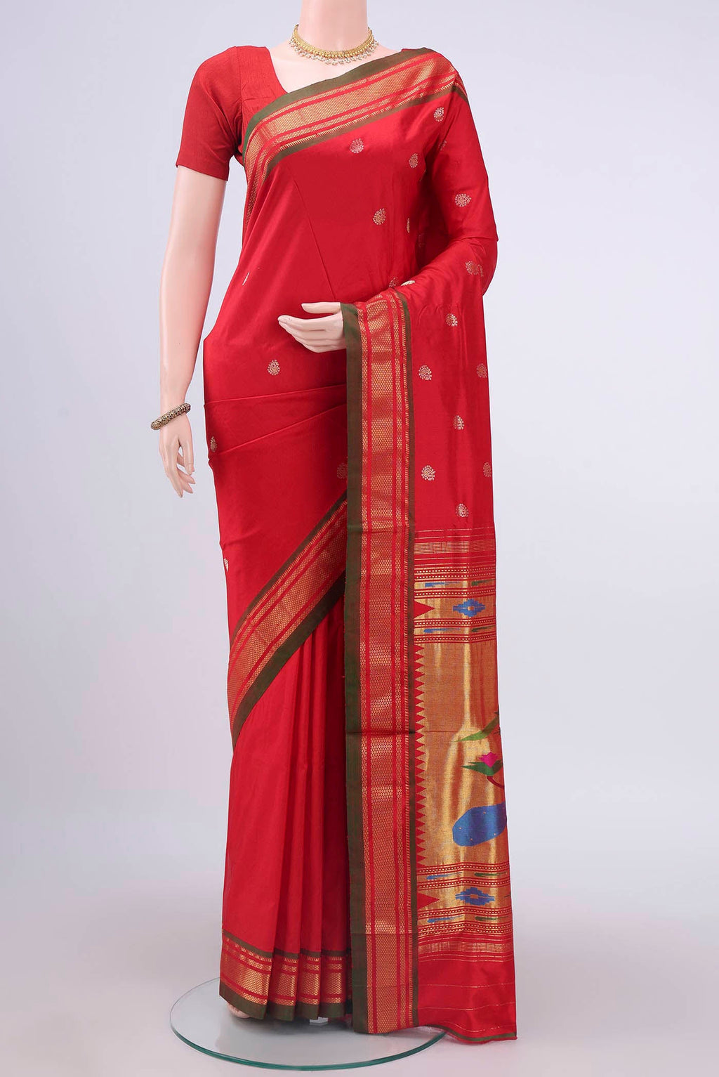 Red Paithani Silk Saree with Zari Butta on the body and Zari Border displayed on a mannequin