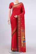 Red Paithani Silk Saree with Zari Butta on the body and Zari Border displayed on a mannequin