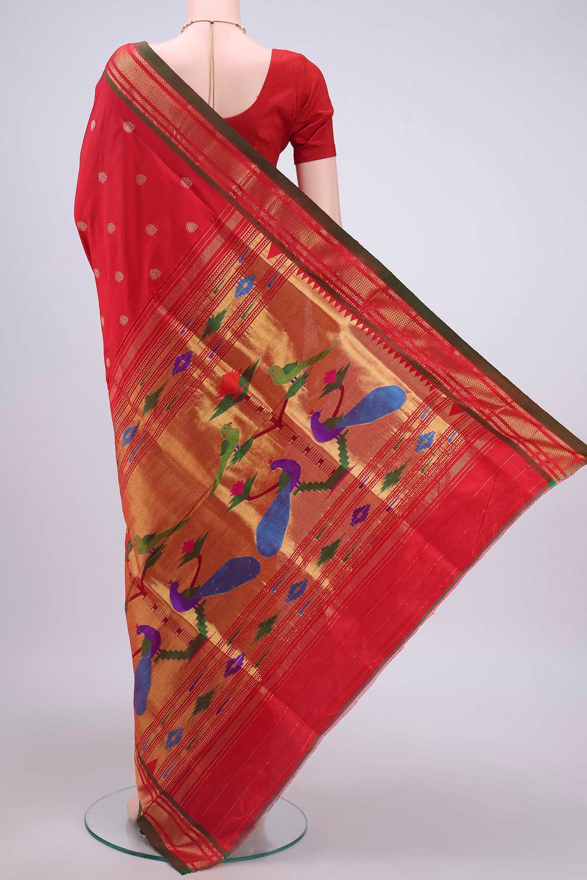 Flat view of Red Paithani Silk Saree with Zari Butta on the body and Zari Border