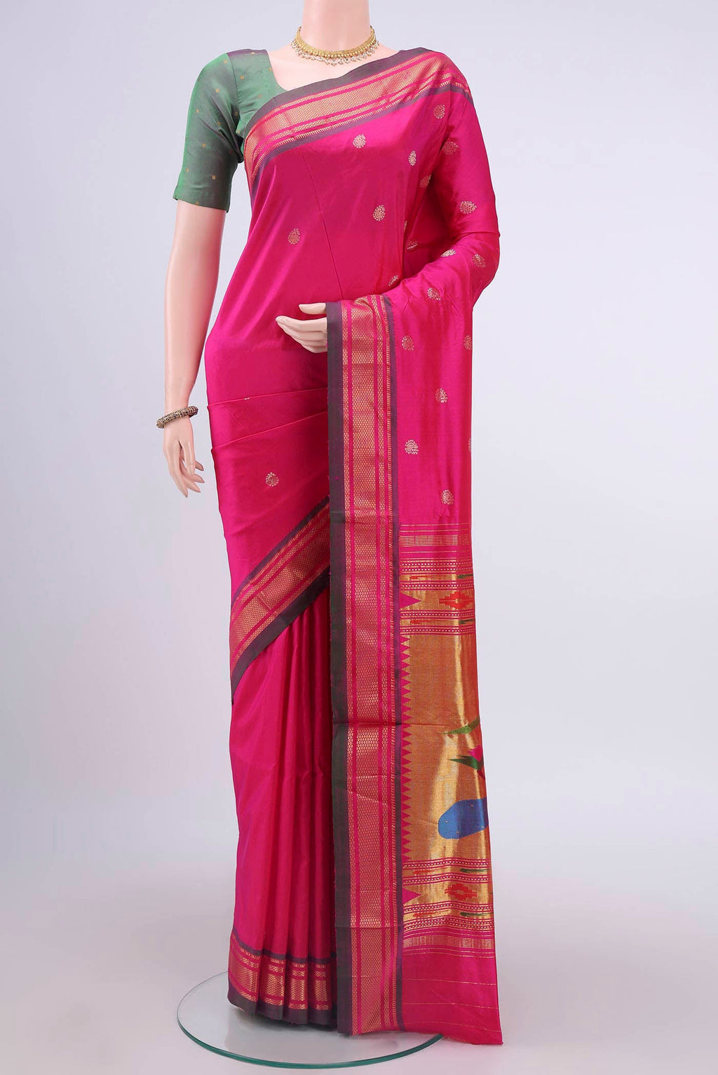 Dark Pink Dual Tone Paithani Silk Saree with Zari Butta on the body and Zari Border displayed on a mannequin