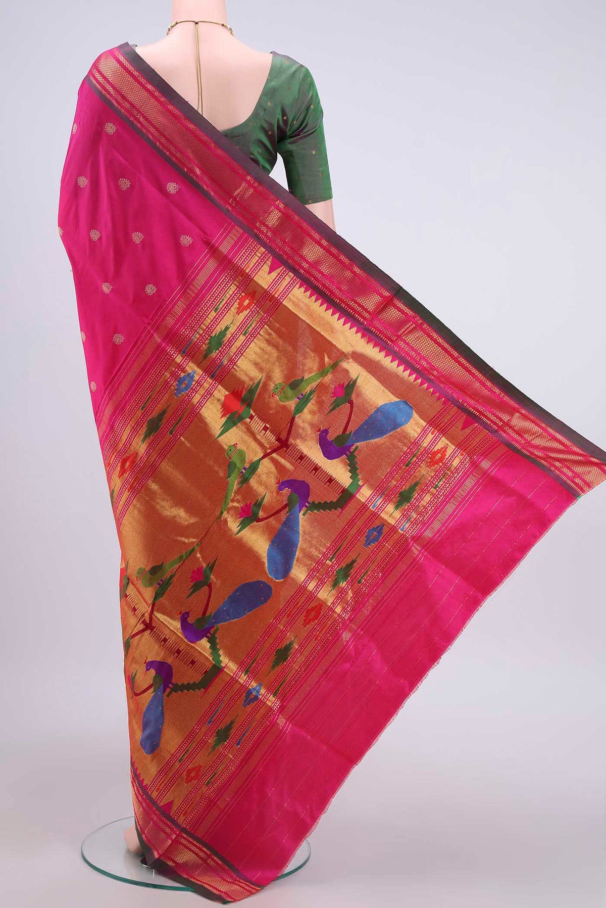 Flat view of Dark Pink Dual Tone Paithani Silk Saree with Zari Butta on the body and Zari Border