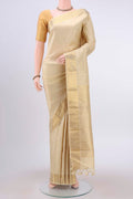 Cream Kanchipuram Silk Saree with Zari Brocade on the body and Zari Border displayed on a mannequin