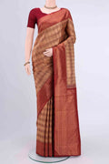 Bronze Kanchipuram Saree with Zari Brocade on the body and Zari Border displayed on a mannequin
