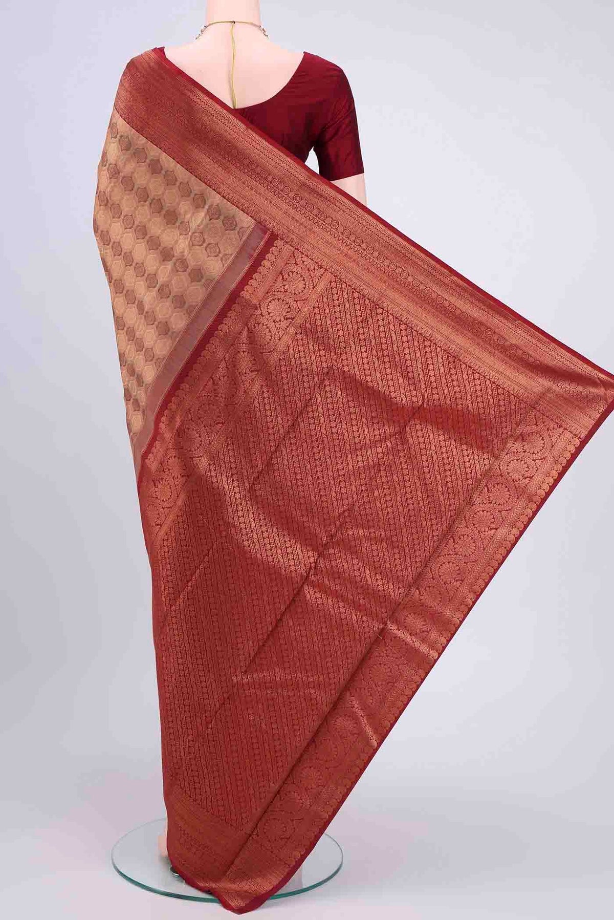 Flat view of Bronze Kanchipuram Saree with Zari Brocade on the body and Zari Border
