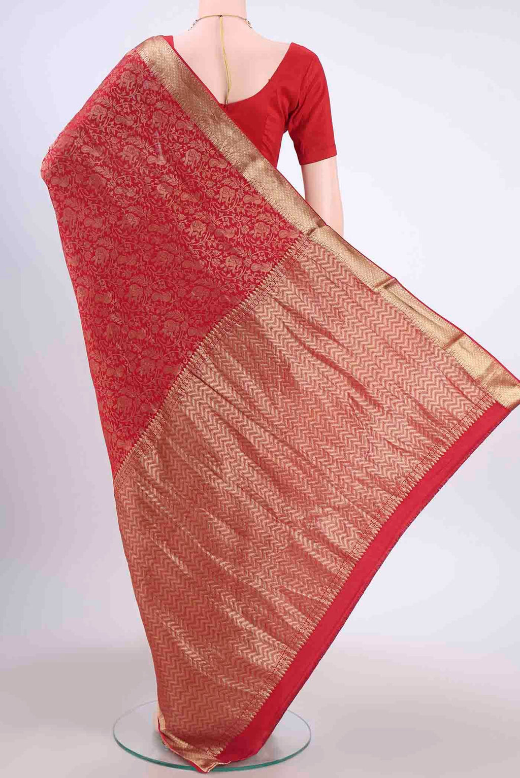 Flat view of Red Mysore Crepe Saree with Zari Brocade on the body and Zari Border