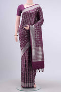 Burgundy Dual Tone Banarasi Silk Saree with Zari Brocade on the body and Zari Border displayed on a mannequin