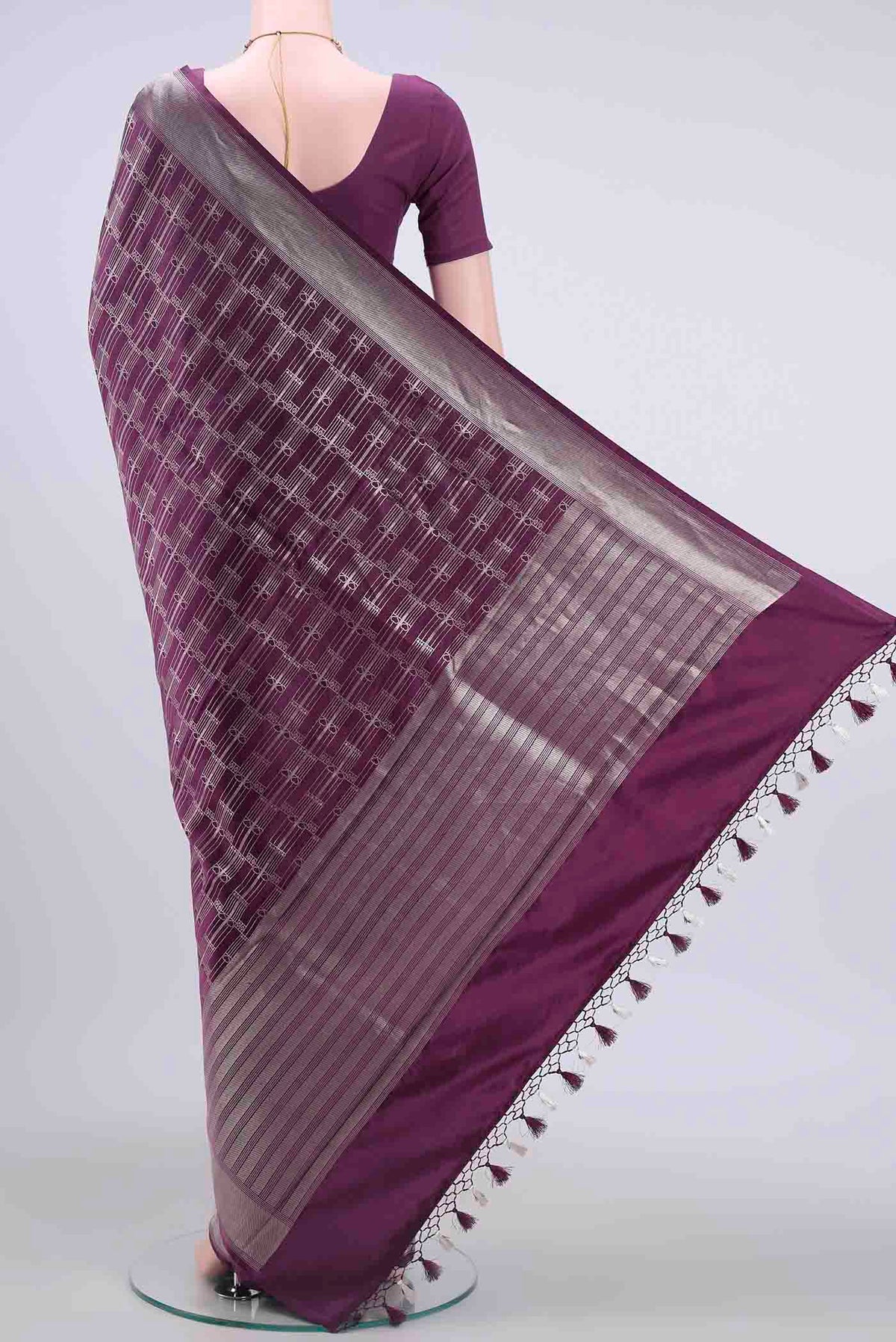 Flat view of Burgundy Dual Tone Banarasi Silk Saree with Zari Brocade on the body and Zari Border