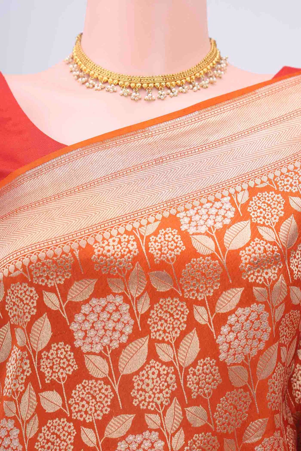 Border image of Brick Orange Dual Tone Banarasi Silk Saree with Zari Brocade on the body and Zari Border