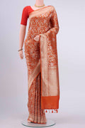 Brick Orange Dual Tone Banarasi Silk Saree with Zari Brocade on the body and Zari Border displayed on a mannequin
