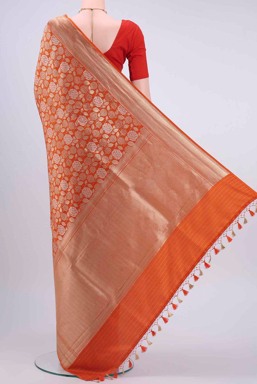 Flat view of Brick Orange Dual Tone Banarasi Silk Saree with Zari Brocade on the body and Zari Border