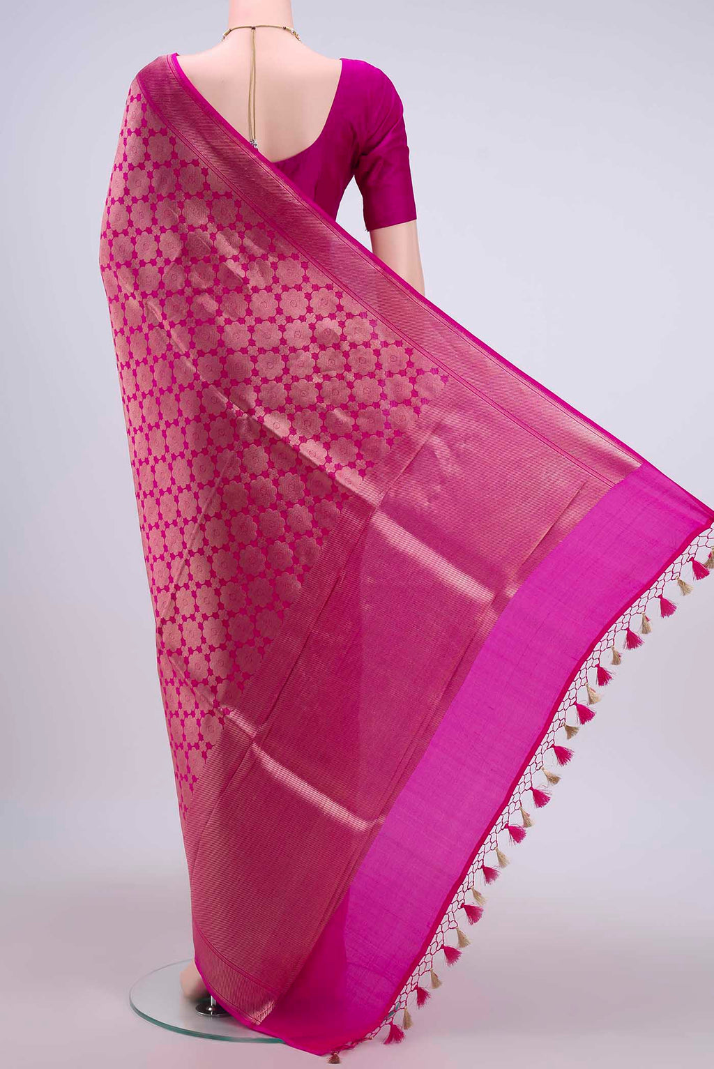 Flat view of Rani Pink Dual Tone Banarasi Silk Saree with Zari Brocade on the body and Zari Border