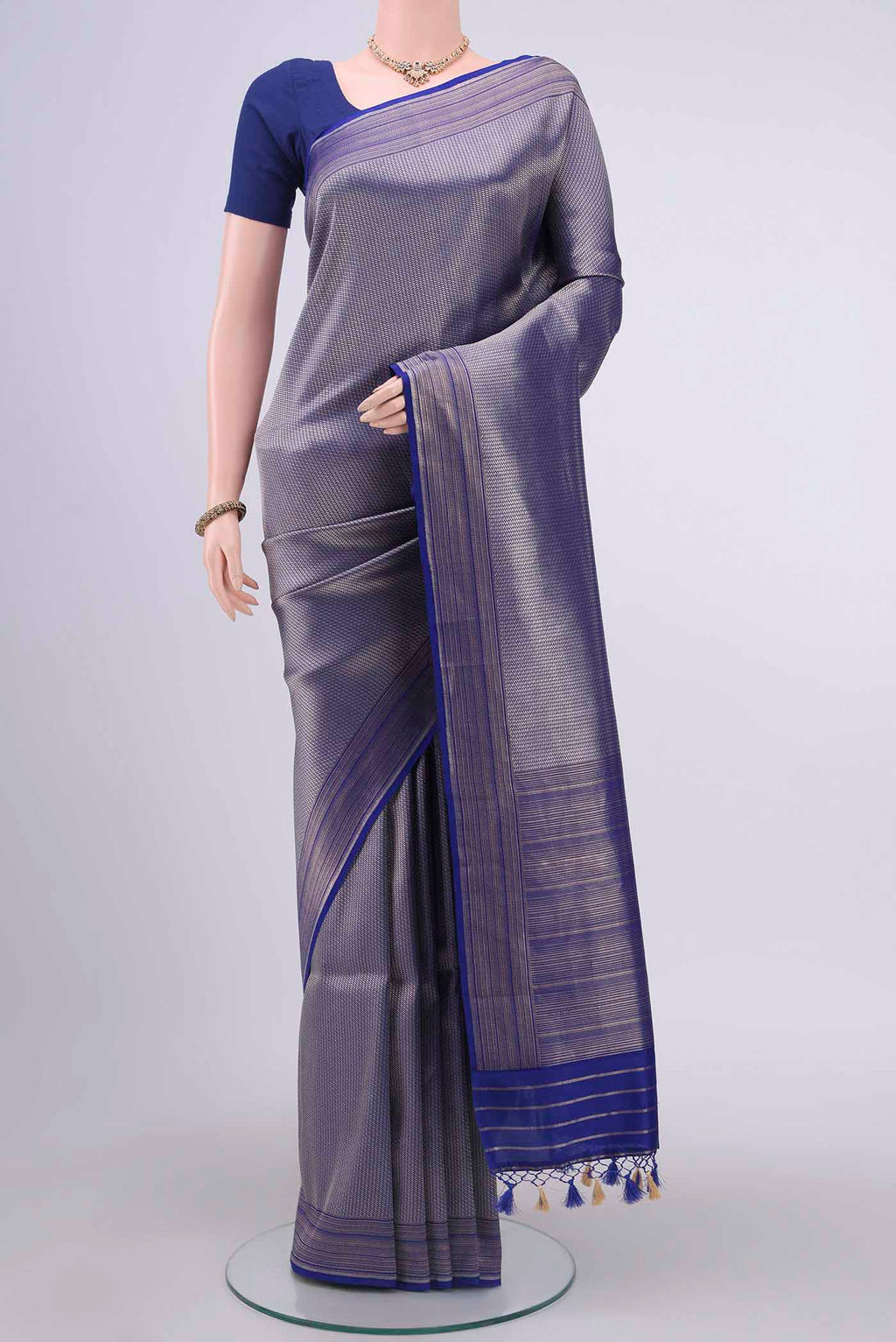 Royal Blue Dual Tone Banarasi Silk Saree with Zari Brocade on the body and Zari Border displayed on a mannequin