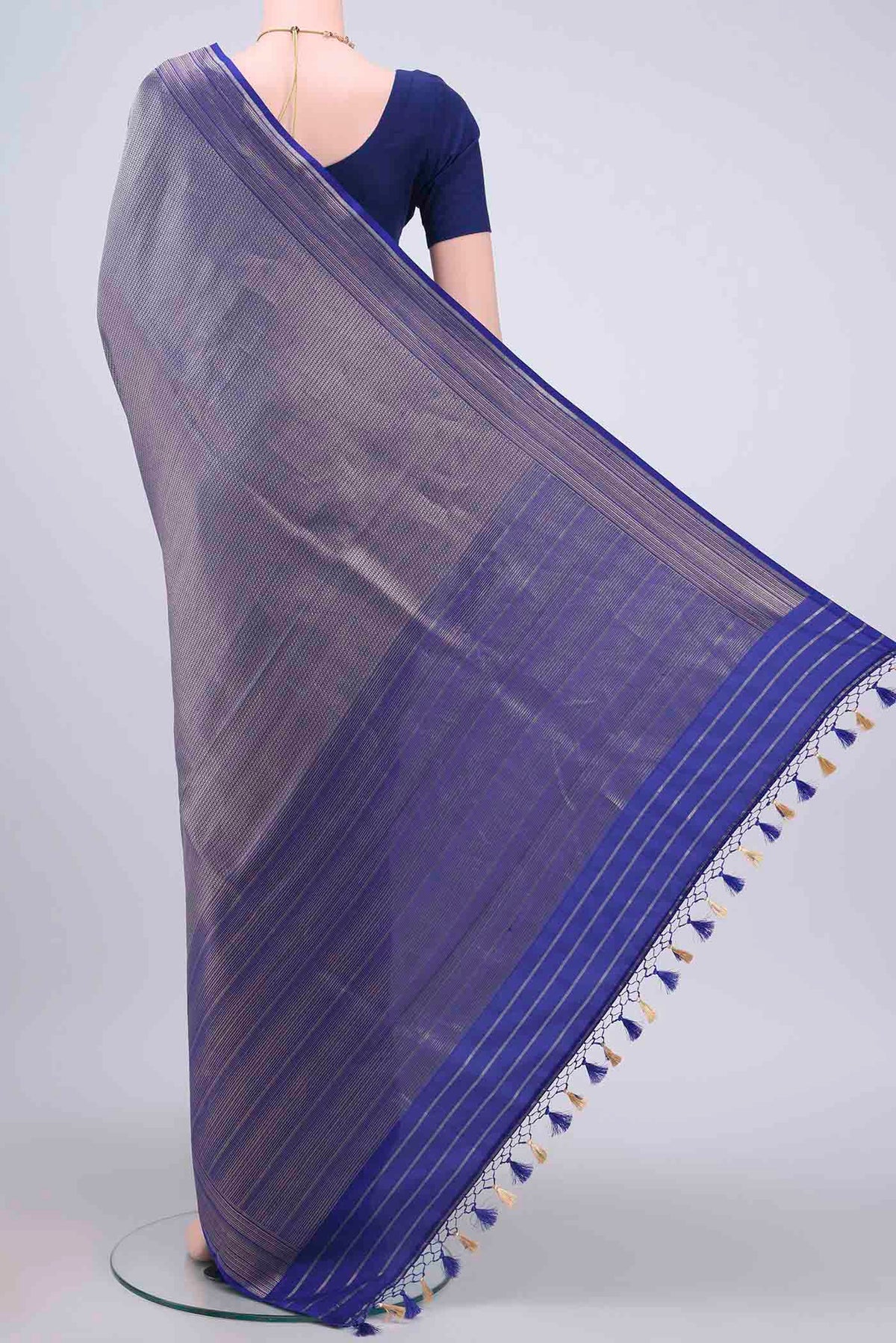 Flat view of Royal Blue Dual Tone Banarasi Silk Saree with Zari Brocade on the body and Zari Border