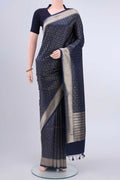 Navy Blue Dual Tone Banarasi Silk Saree with Zari Brocade on the body and Zari Border displayed on a mannequin