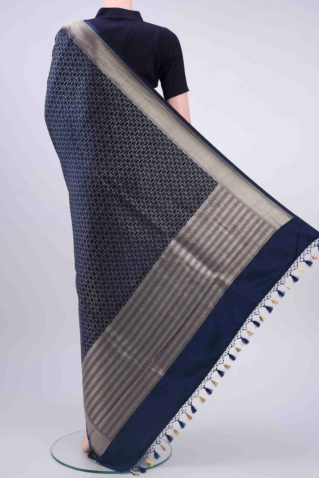 Flat view of Navy Blue Dual Tone Banarasi Silk Saree with Zari Brocade on the body and Zari Border