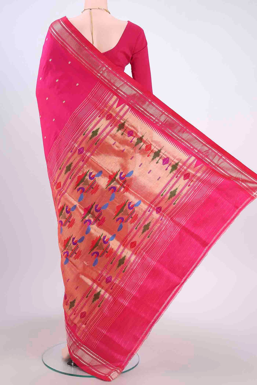 Flat view of Dark Pink Paithani Silk Saree with Zari Butta on the body and Zari Border