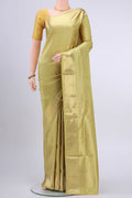 Golden Soft Silk Saree with Zari Brocade on the body and Zari Border displayed on a mannequin