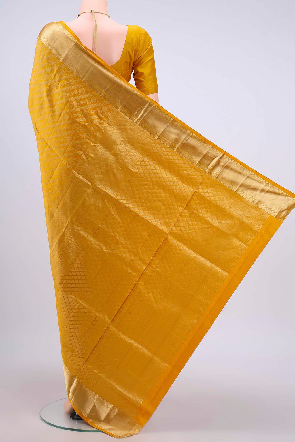Flat view of Yellow Dual Tone Soft Silk Saree with Zari Brocade on the body and Zari Border