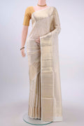 Off White Soft Silk Saree with Zari Brocade on the body and Zari Border displayed on a mannequin