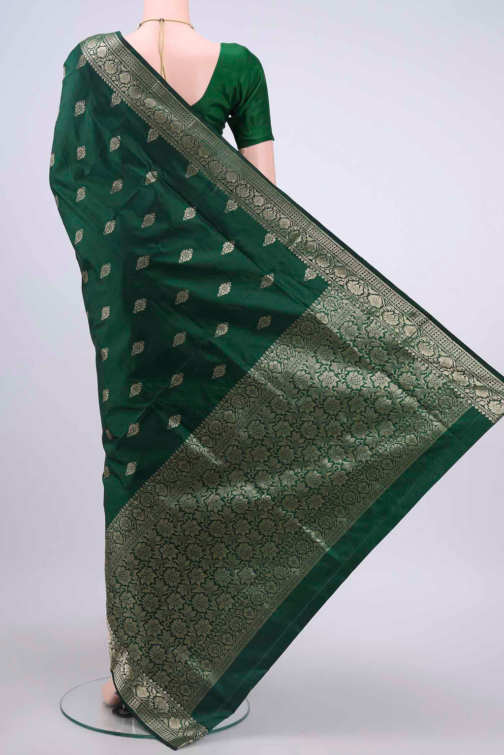 Flat view of Bottle Green Dual Tone Banarasi Katan Silk Saree with Zari Butta on the body and Zari Border