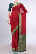 Deep Red Mysore Crepe Saree with Zari Butta on the body and Zari Border displayed on a mannequin