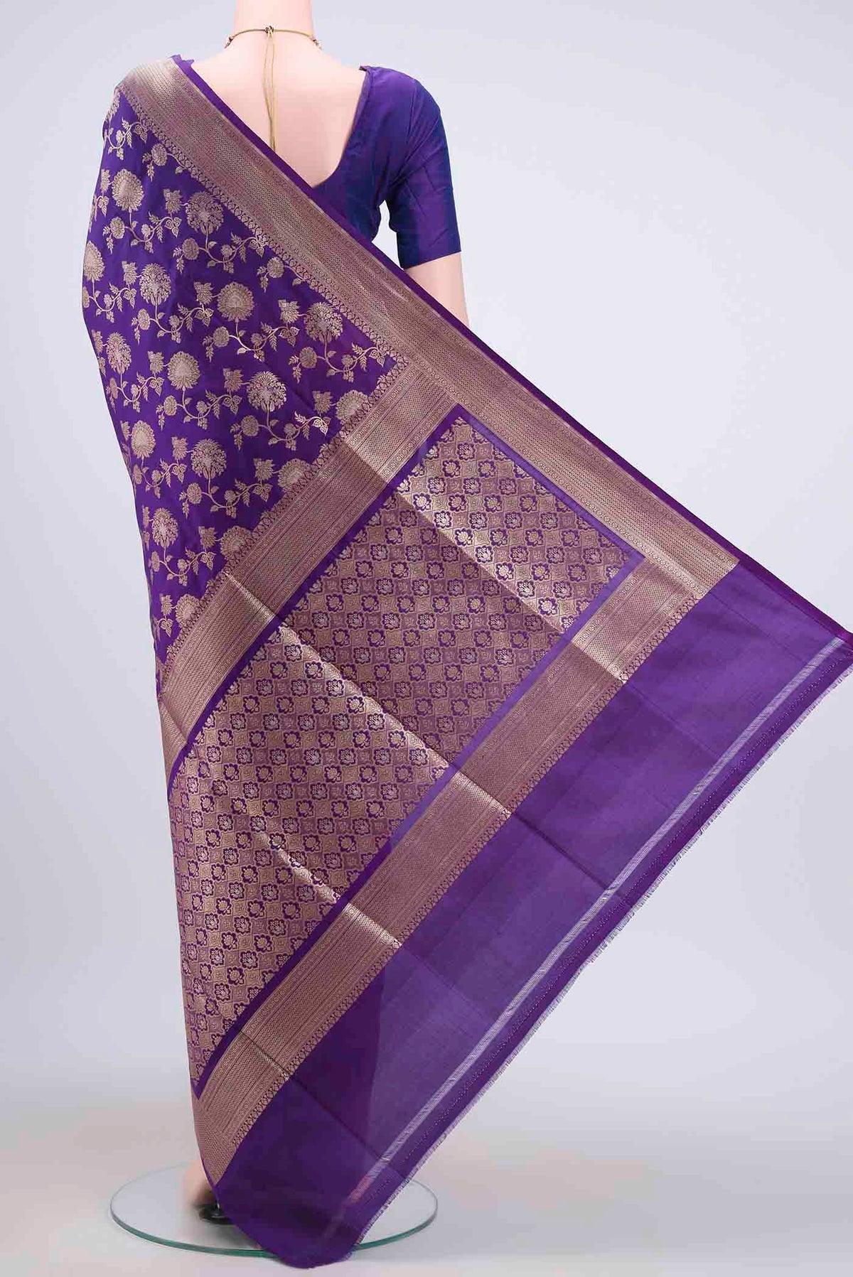 Flat view of Purple Dual Tone Banarasi Silk Saree with Zari Brocade on the body and Zari Border