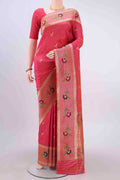 Pink Banarasi Silk Saree with Zari Butta on the body and Zari Border displayed on a mannequin