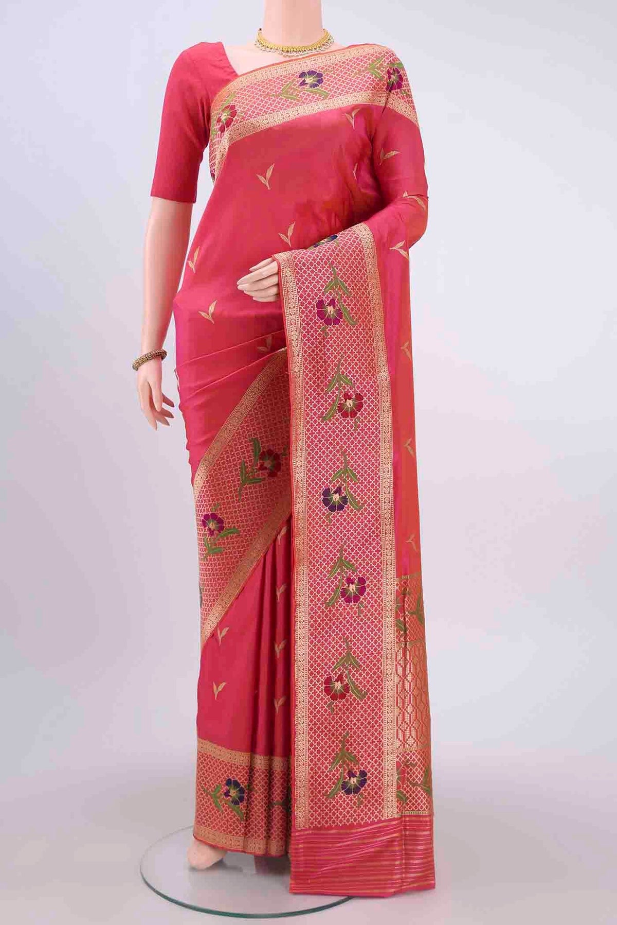 Pink Banarasi Silk Saree with Zari Butta on the body and Zari Border displayed on a mannequin
