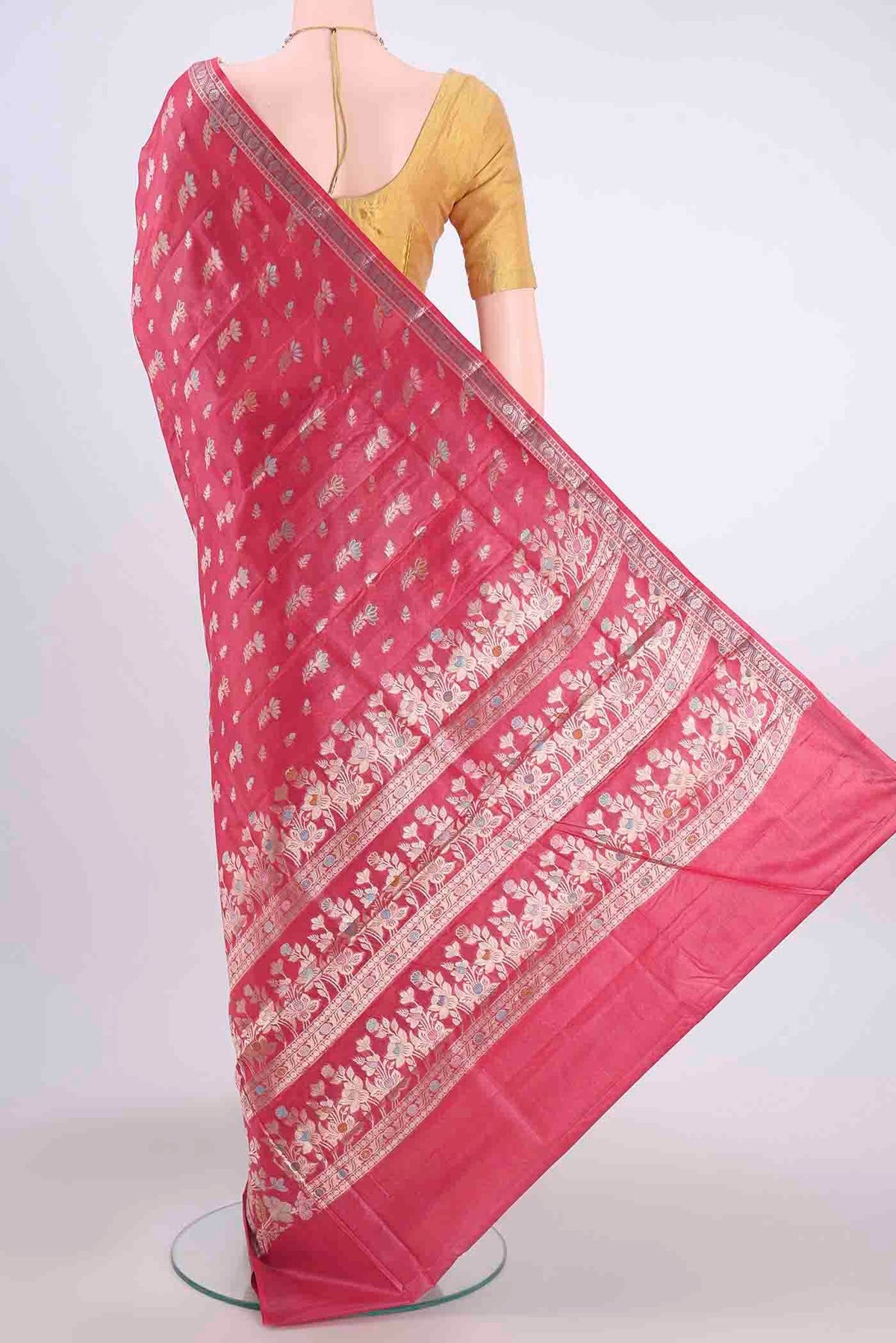 Flat view of Pink Banarasi Tussar Silk Saree with Zari And Thread Butta on the body and Zari And Thread Border