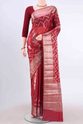 Maroon Banarasi Tussar Silk Saree with Zari Brocade on the body and Zari Border displayed on a mannequin
