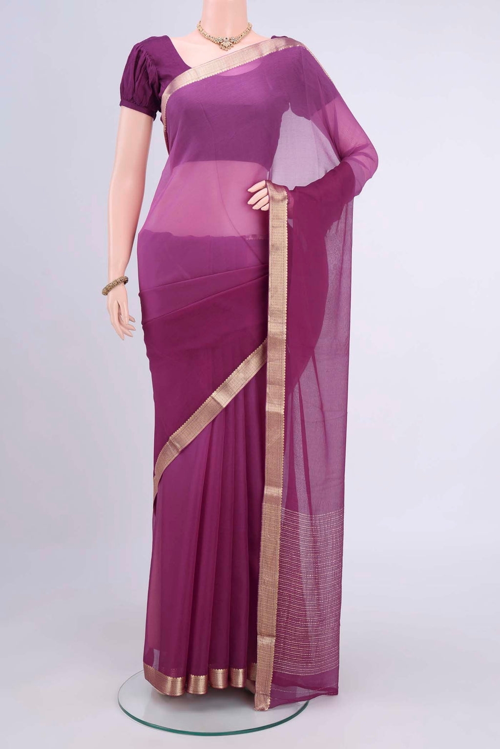 Light Magenta Dual Tone Mysore Chiffon Saree with Plain Body and Zari Border displayed on a mannequin