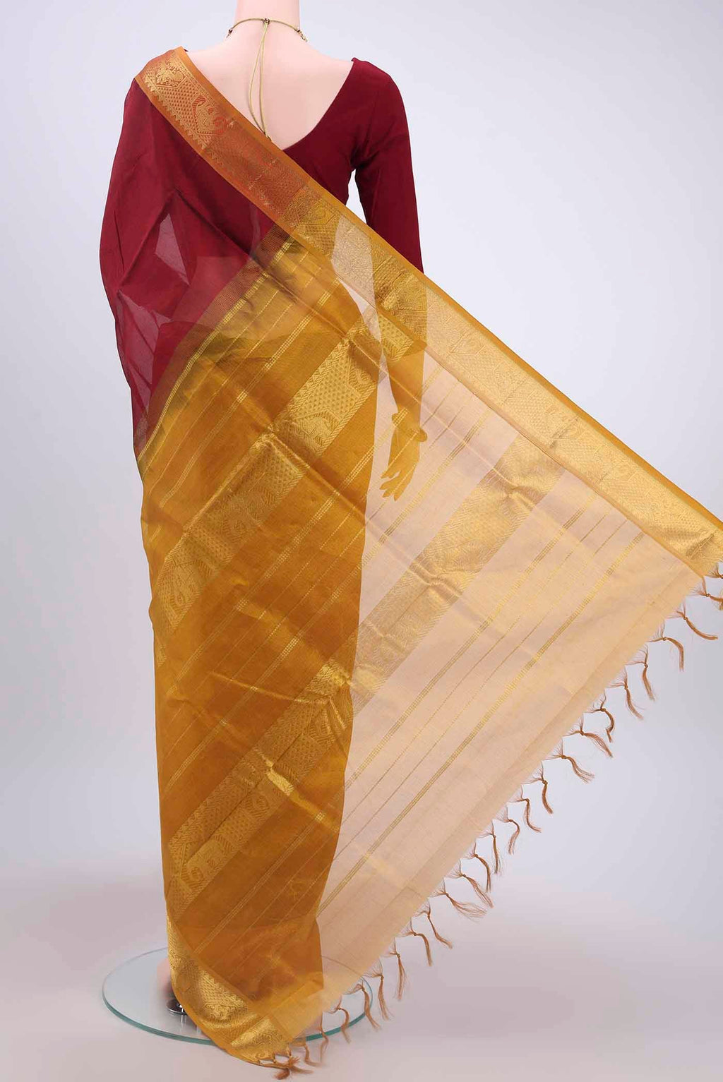Flat view of Maroon Coimbatore Silk Cotton Saree with Plain Body and Zari Border