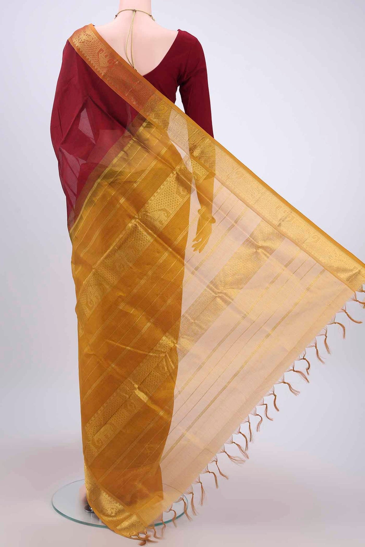 Flat view of Maroon Coimbatore Silk Cotton Saree with Plain Body and Zari Border
