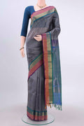 Blue Grey Silk Cotton Saree with Zari Butta on the body and Zari Border displayed on a mannequin