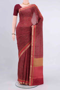 Magenta Mysore Crepe Saree with Floral Print on the body and Zari Border displayed on a mannequin
