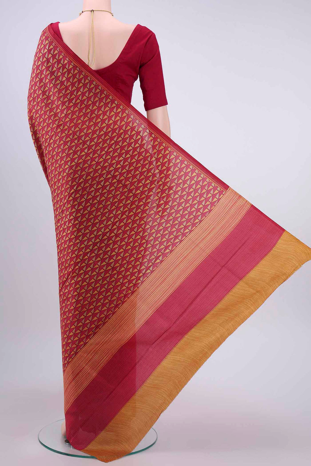 Flat view of Pink Printed Silk Saree with Zari Brocade on the body and Zari Border