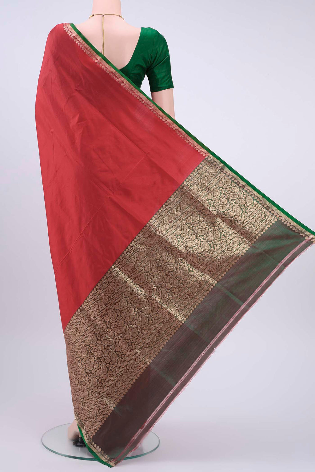 Flat view of Red Banarasi Katan Silk Saree with Plain Body and Zari Border